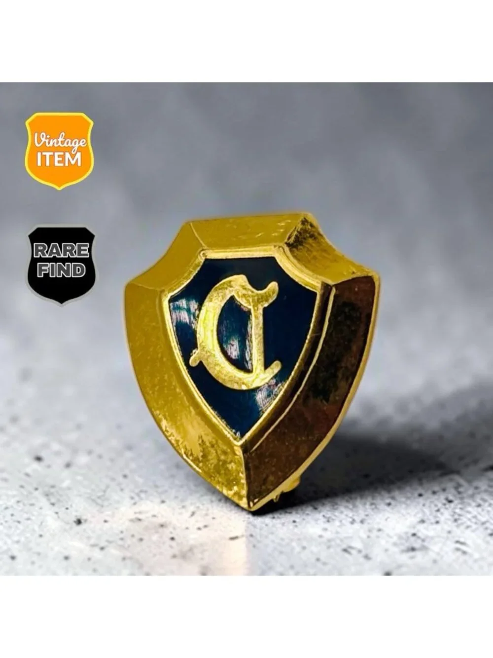 Vintage Letter Initial Lapel Pin Gold Tone Shield Crest Black Enamel Hat Tack.